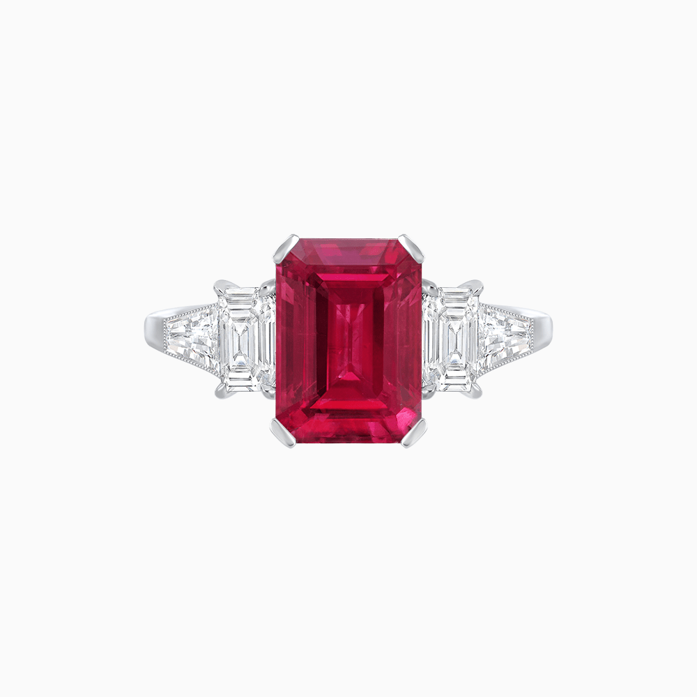 Art Deco Inspired Emerald Cut Three-Stone Ring with Tapered Baguettes - Shahin Jewelry