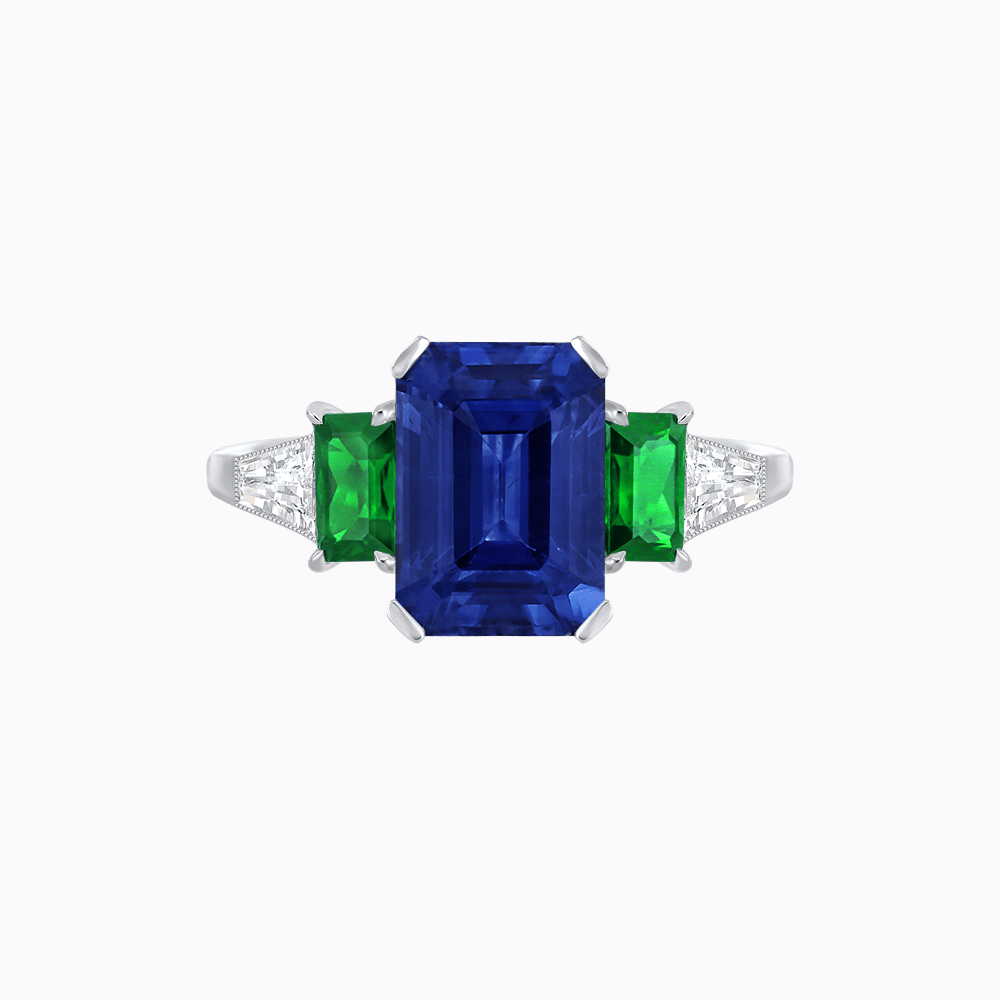 Art Deco Inspired Emerald Cut Three-Stone Ring with Tapered Baguettes - Shahin Jewelry