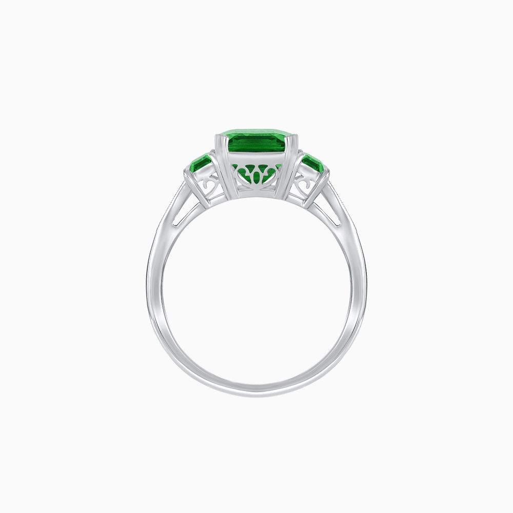 Art Deco Inspired Emerald Cut Three-Stone Ring with Tapered Baguettes - Shahin Jewelry