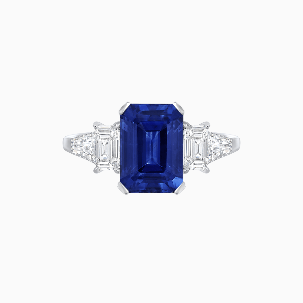 Art Deco Inspired Emerald Cut Three-Stone Ring with Tapered Baguettes - Shahin Jewelry