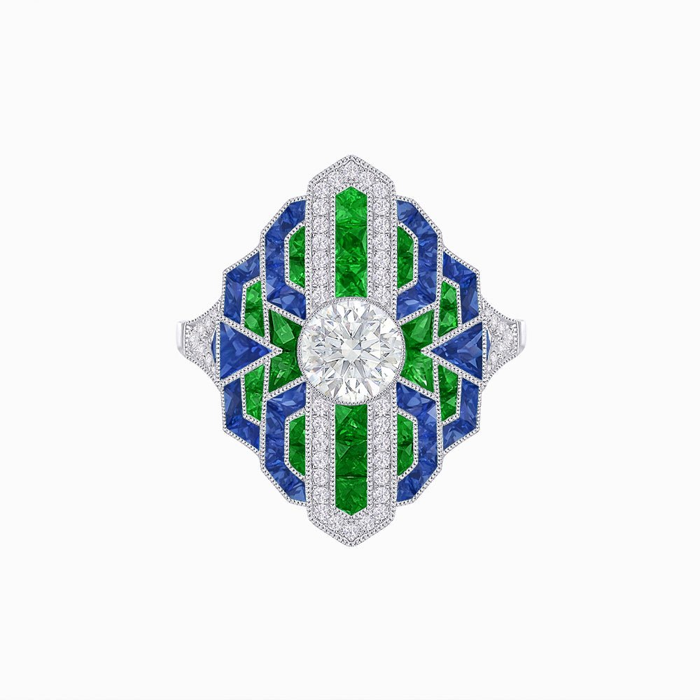 Art Deco - inspired Engagement Ring with Diamond, Gemstone - Shahin Jewelry