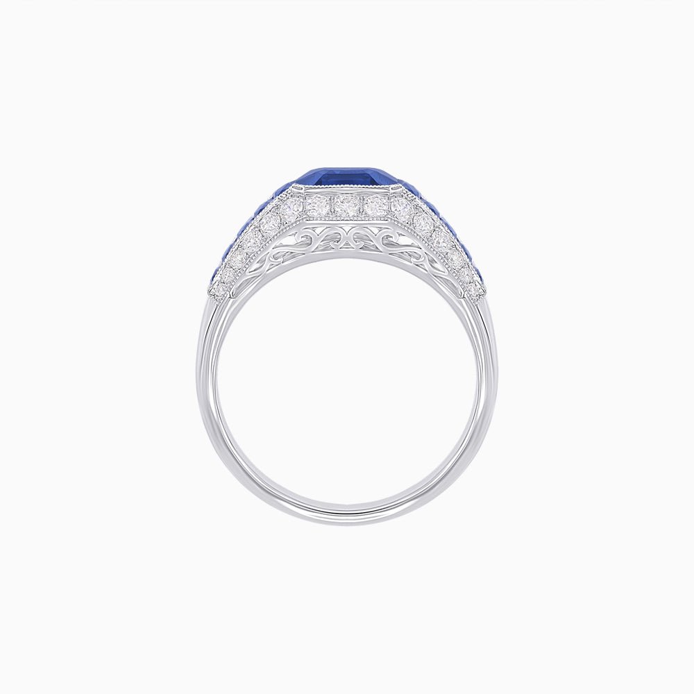 Art Deco Inspired Engagement Ring with Emerald Cut Blue Sapphire - Shahin Jewelry