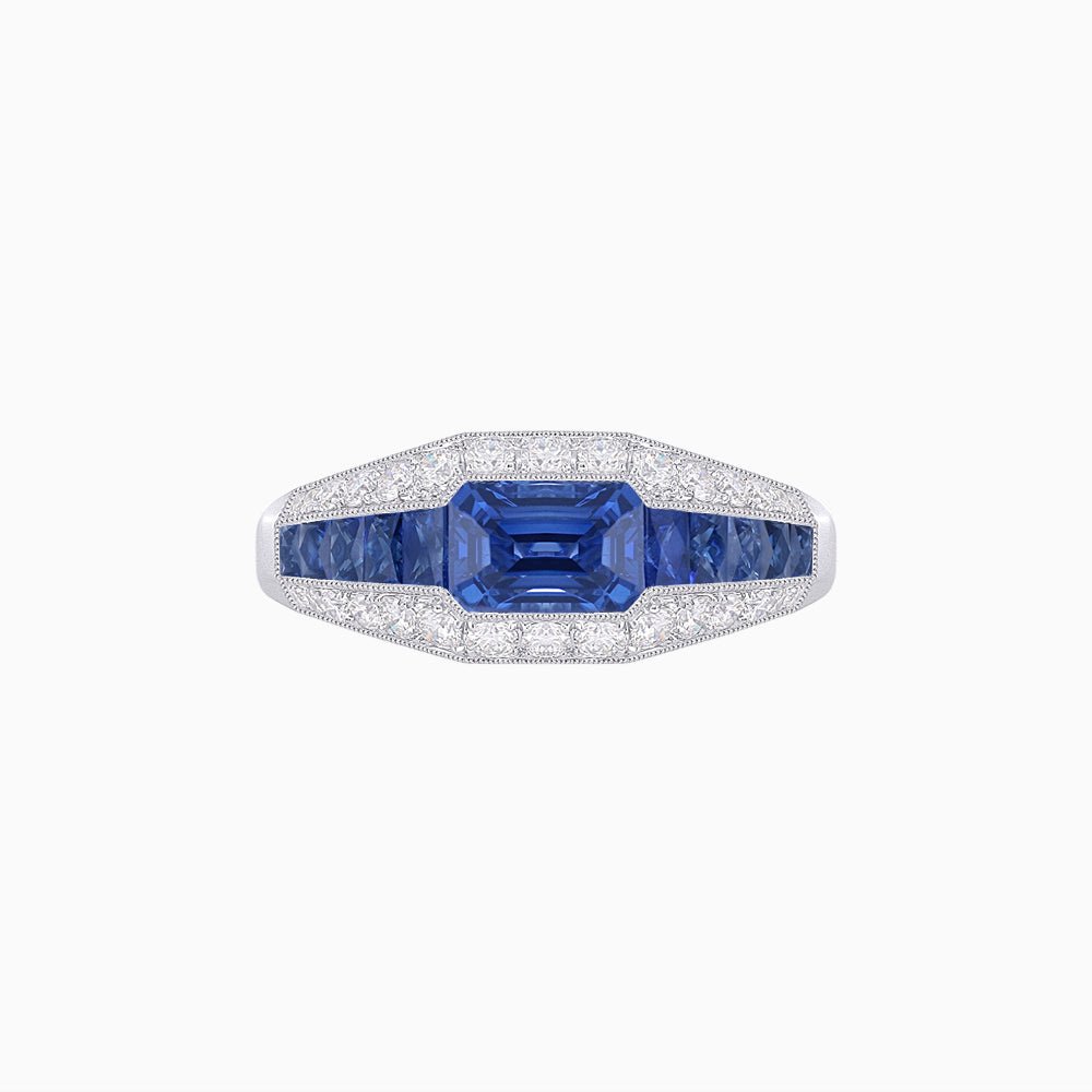 Art Deco Inspired Engagement Ring with Emerald Cut Blue Sapphire - Shahin Jewelry