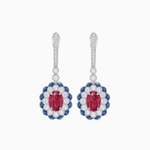 Load image into Gallery viewer, Art Deco Inspired Floral Drop Earrings with French Cut Gemstones and Diamond Halo - Shahin Jewelry
