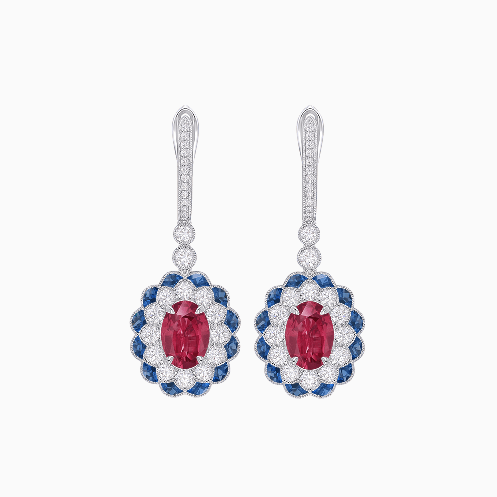 Art Deco Inspired Floral Drop Earrings with French Cut Gemstones and Diamond Halo - Shahin Jewelry