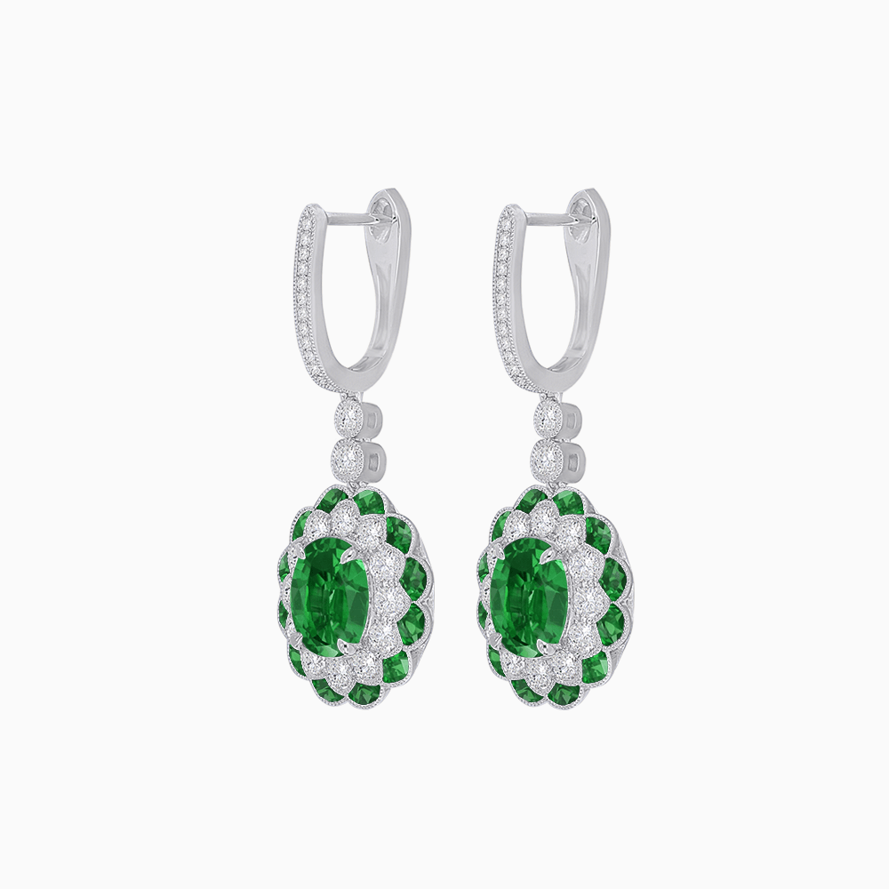 Art Deco Inspired Floral Drop Earrings with French Cut Gemstones and Diamond Halo - Shahin Jewelry