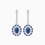 Load image into Gallery viewer, Art Deco Inspired Floral Drop Earrings with French Cut Gemstones and Diamond Halo - Shahin Jewelry
