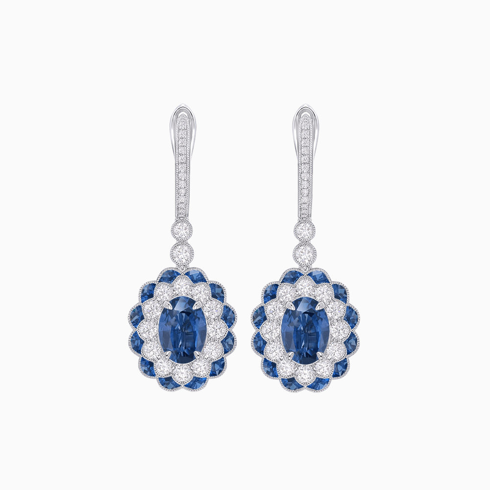 Art Deco Inspired Floral Drop Earrings with French Cut Gemstones and Diamond Halo - Shahin Jewelry