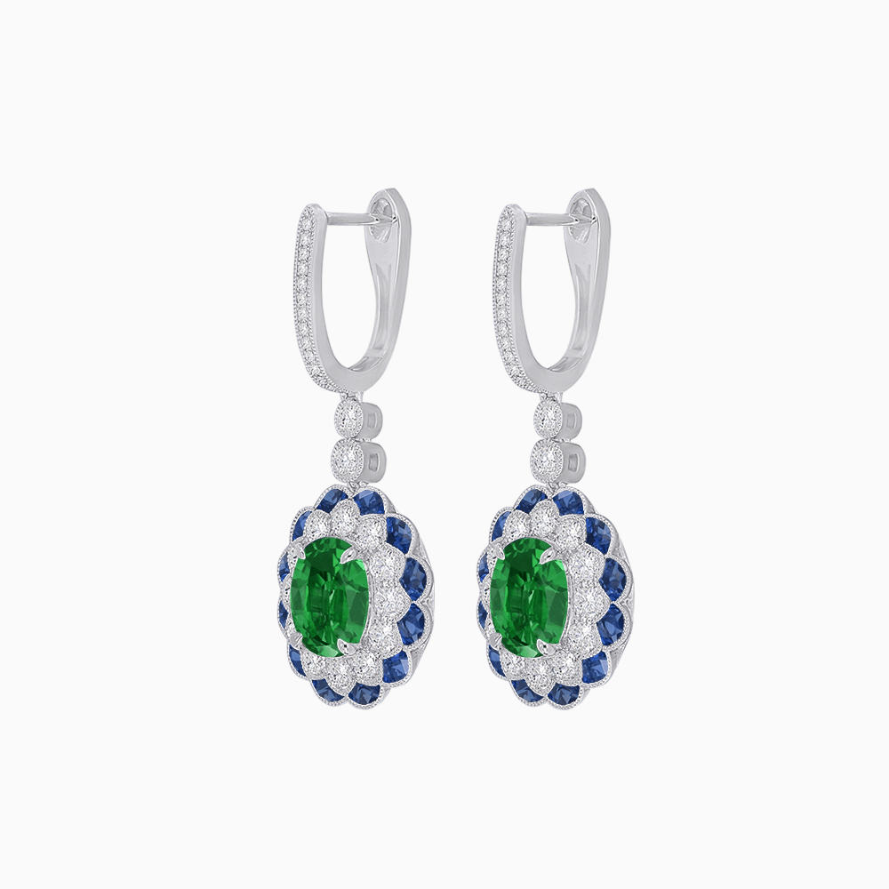 Art Deco Inspired Floral Drop Earrings with French Cut Gemstones and Diamond Halo - Shahin Jewelry