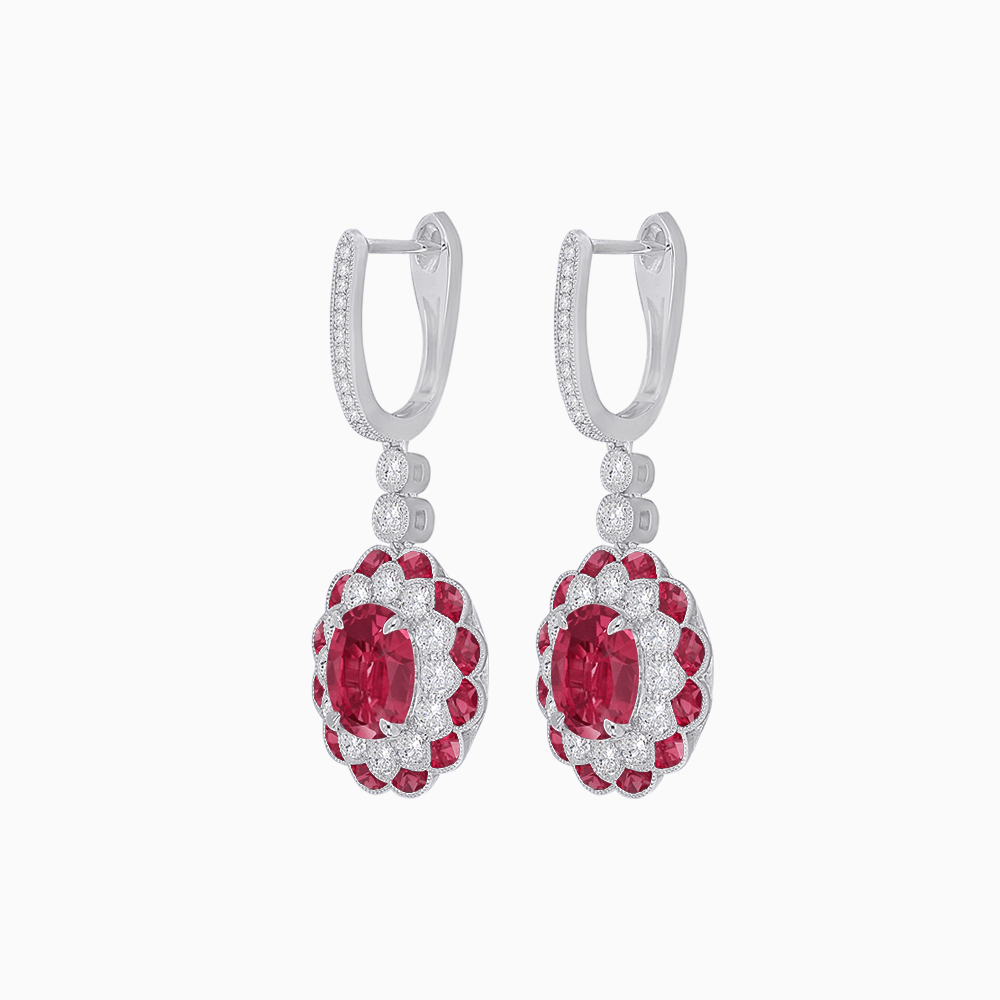 Art Deco Inspired Floral Drop Earrings with French Cut Gemstones and Diamond Halo - Shahin Jewelry