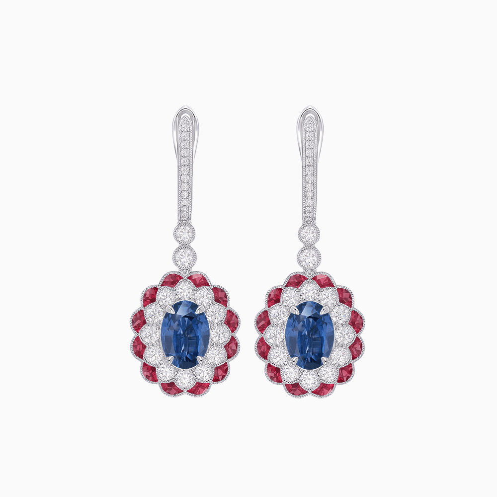 Art Deco Inspired Floral Drop Earrings with French Cut Gemstones and Diamond Halo - Shahin Jewelry