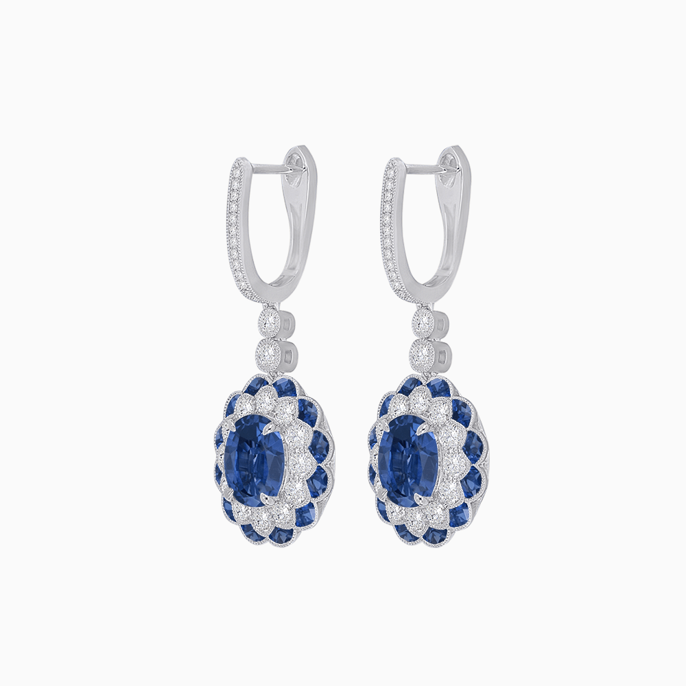 Art Deco Inspired Floral Drop Earrings with French Cut Gemstones and Diamond Halo - Shahin Jewelry