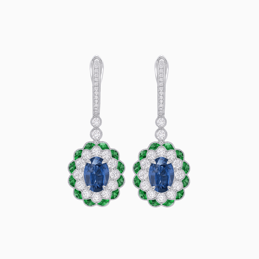 Art Deco Inspired Floral Drop Earrings with French Cut Gemstones and Diamond Halo - Shahin Jewelry