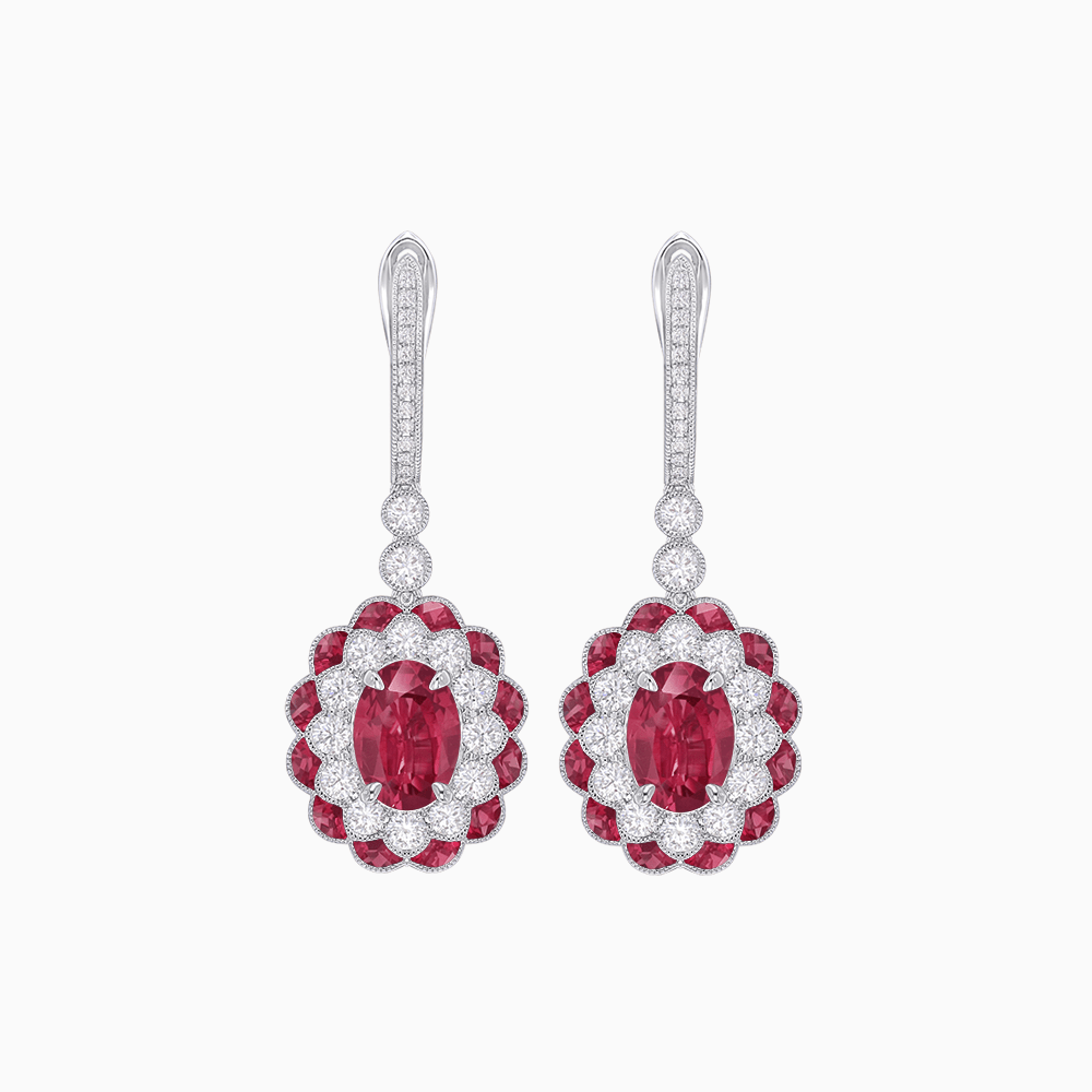 Art Deco Inspired Floral Drop Earrings with French Cut Gemstones and Diamond Halo - Shahin Jewelry