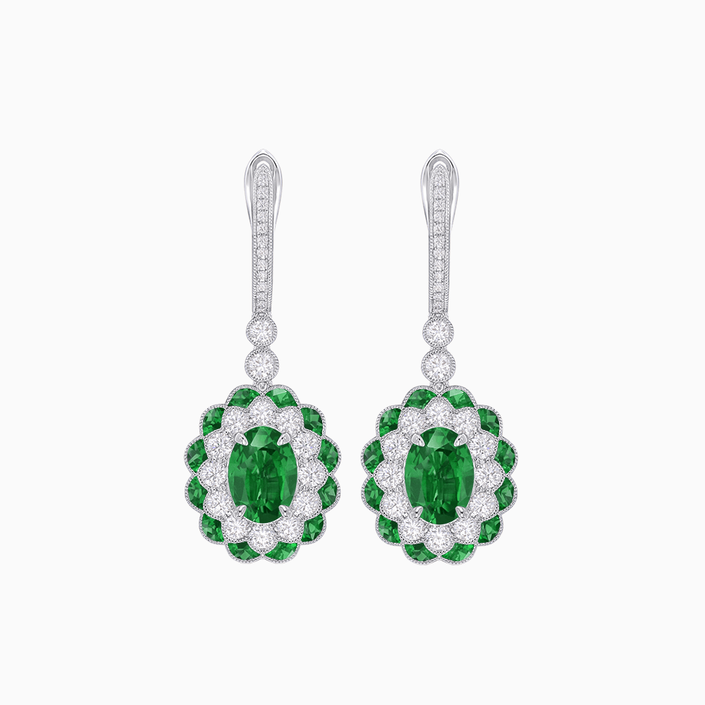 Art Deco Inspired Floral Drop Earrings with French Cut Gemstones and Diamond Halo - Shahin Jewelry
