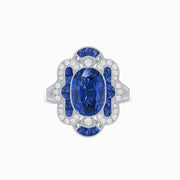 Art Deco - Inspired Flourish Cocktail Ring with Blue Sapphire & Diamond in 18K White Gold - Shahin Jewelry