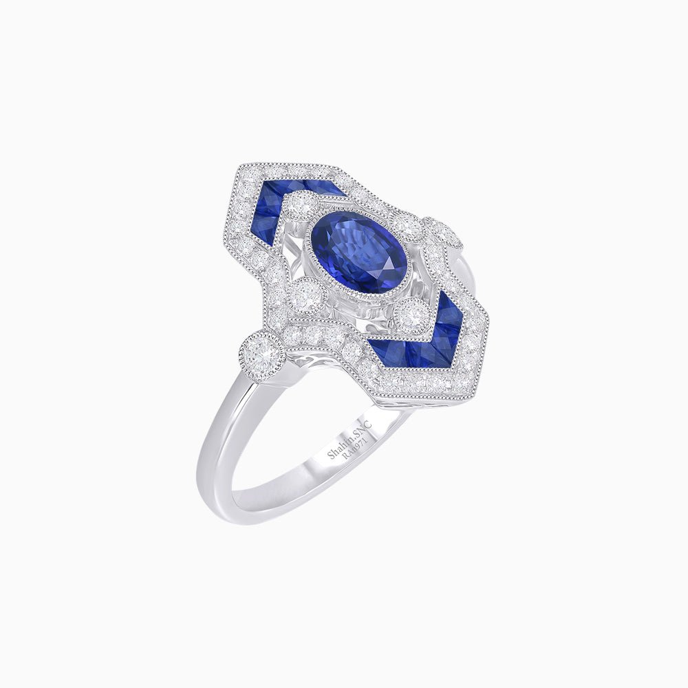 Art Deco Inspired Gemstone Navette Ring - Shahin Jewelry