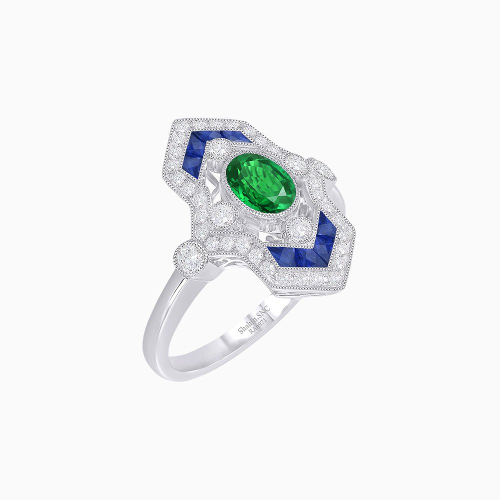 Art Deco Inspired Gemstone Navette Ring - Shahin Jewelry