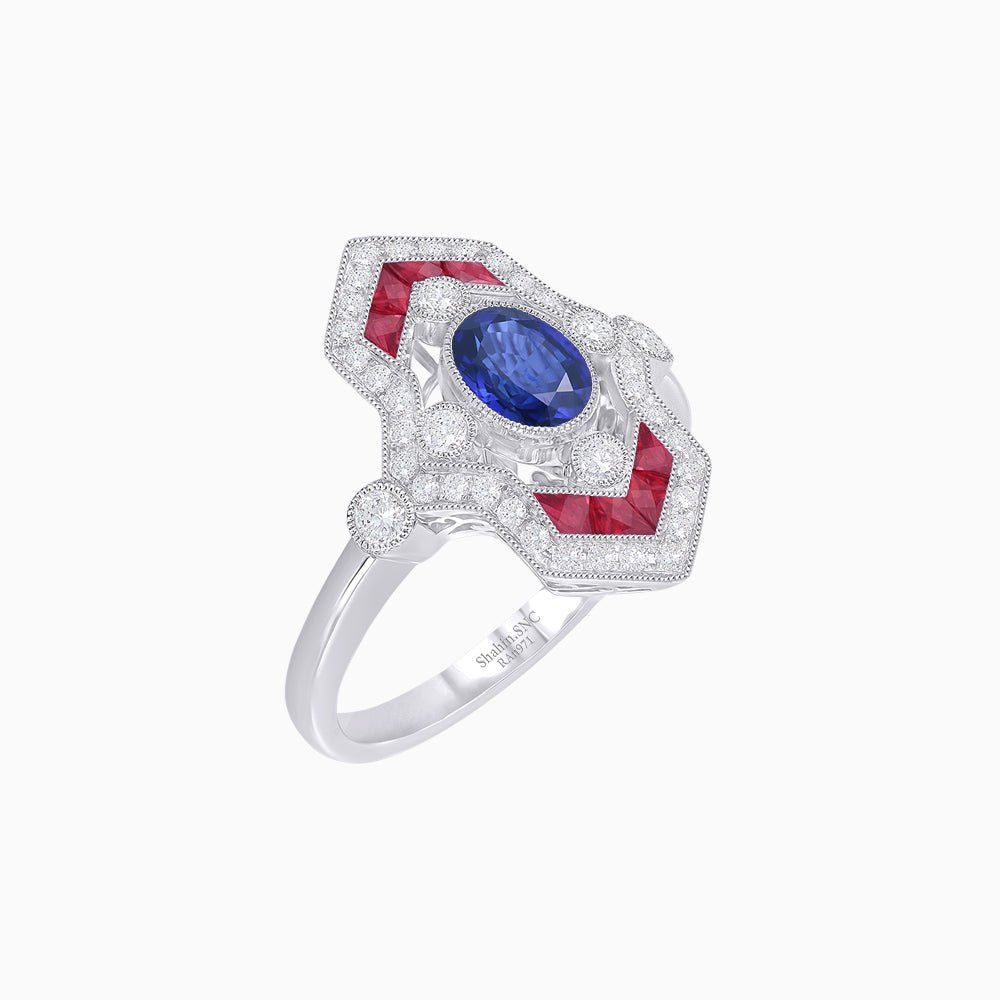 Art Deco Inspired Gemstone Navette Ring - Shahin Jewelry