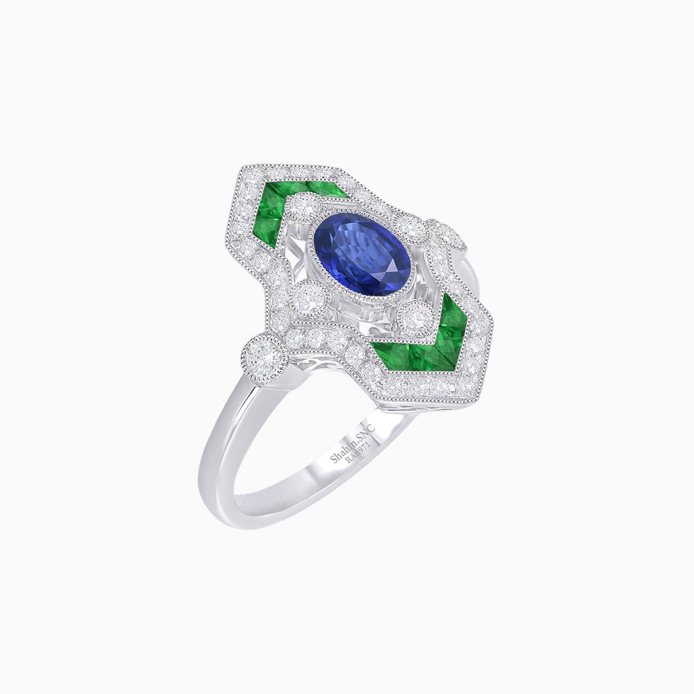 Art Deco Inspired Gemstone Navette Ring - Shahin Jewelry