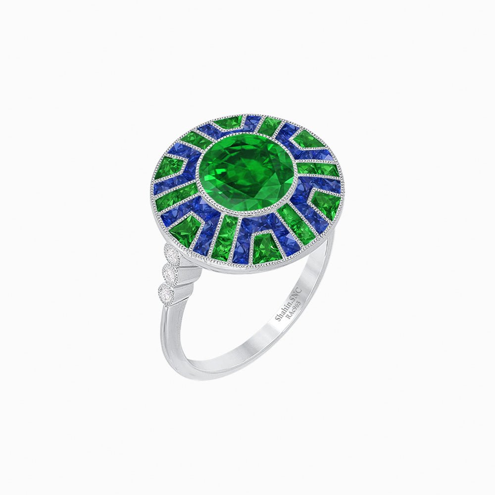 Art Deco-Inspired Geometric Halo Ring Mounting with French-Cut Accents Custom Center Stone | Bold Color Contrast | Hand-Finished Craftsmanship - Shahin Jewelry