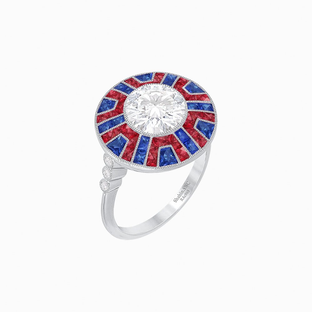 Art Deco - Inspired Geometric Halo Ring Mounting with French - Cut Accents Custom Center Stone | Bold Color Contrast | Hand - Finished Craftsmanship - Shahin Jewelry
