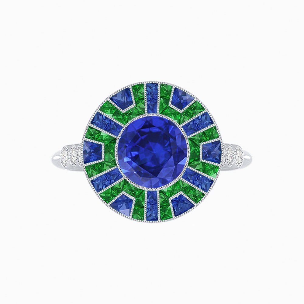 Art Deco-Inspired Geometric Halo Ring Mounting with French-Cut Accents Custom Center Stone | Bold Color Contrast | Hand-Finished Craftsmanship - Shahin Jewelry
