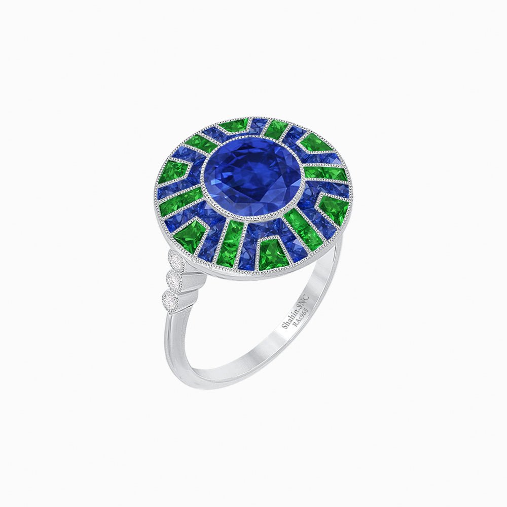 Art Deco-Inspired Geometric Halo Ring Mounting with French-Cut Accents Custom Center Stone | Bold Color Contrast | Hand-Finished Craftsmanship - Shahin Jewelry