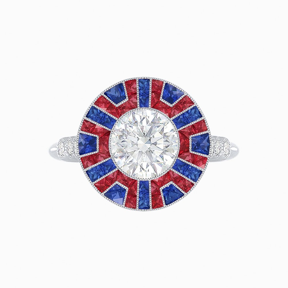 Art Deco - Inspired Geometric Halo Ring Mounting with French - Cut Accents Custom Center Stone | Bold Color Contrast | Hand - Finished Craftsmanship - Shahin Jewelry