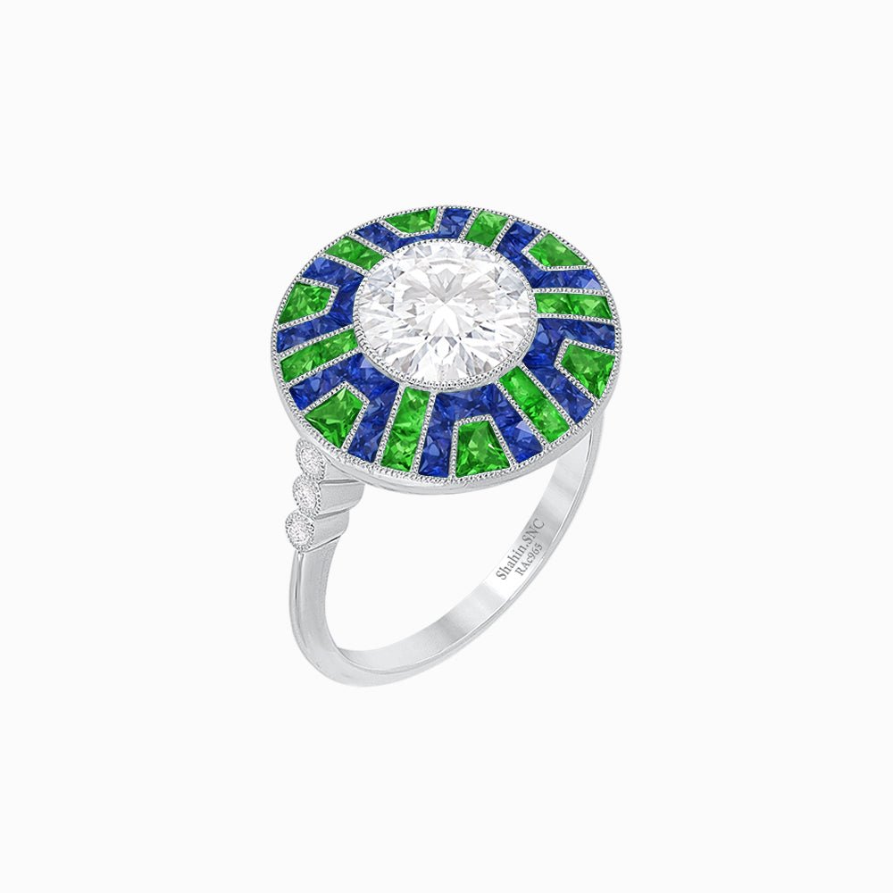 Art Deco - Inspired Geometric Halo Ring Mounting with French - Cut Accents Custom Center Stone | Bold Color Contrast | Hand - Finished Craftsmanship - Shahin Jewelry