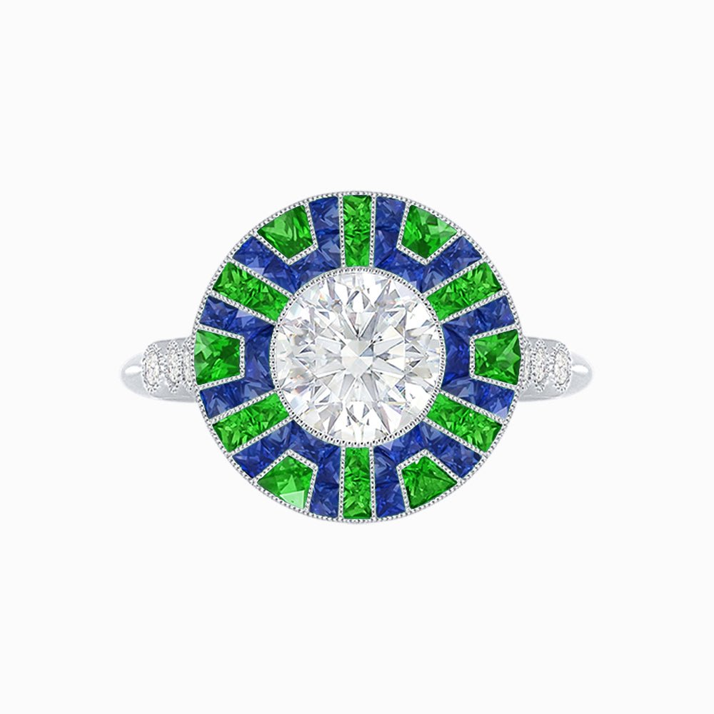 Art Deco - Inspired Geometric Halo Ring Mounting with French - Cut Accents Custom Center Stone | Bold Color Contrast | Hand - Finished Craftsmanship - Shahin Jewelry