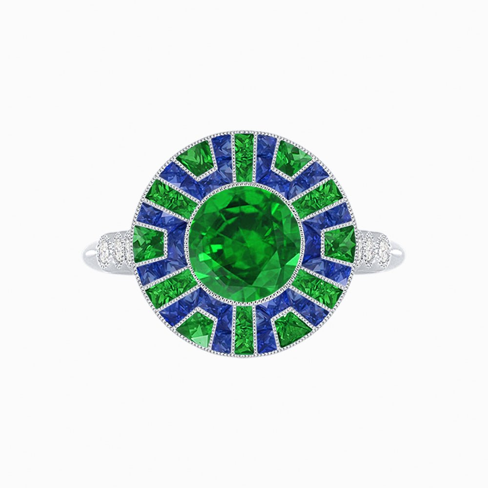 Art Deco-Inspired Geometric Halo Ring Mounting with French-Cut Accents Custom Center Stone | Bold Color Contrast | Hand-Finished Craftsmanship - Shahin Jewelry