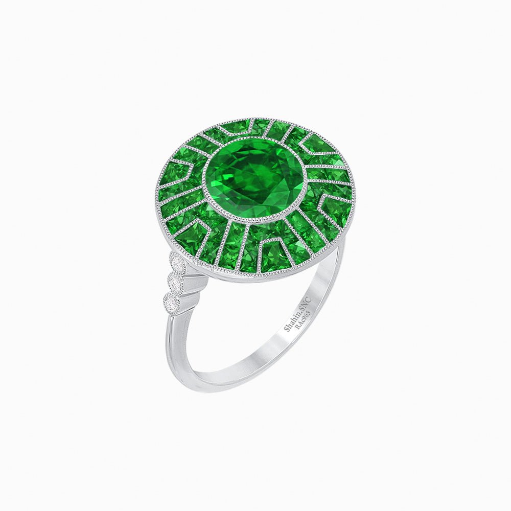 Art Deco-Inspired Geometric Halo Ring Mounting with French-Cut Accents Custom Center Stone | Bold Color Contrast | Hand-Finished Craftsmanship - Shahin Jewelry