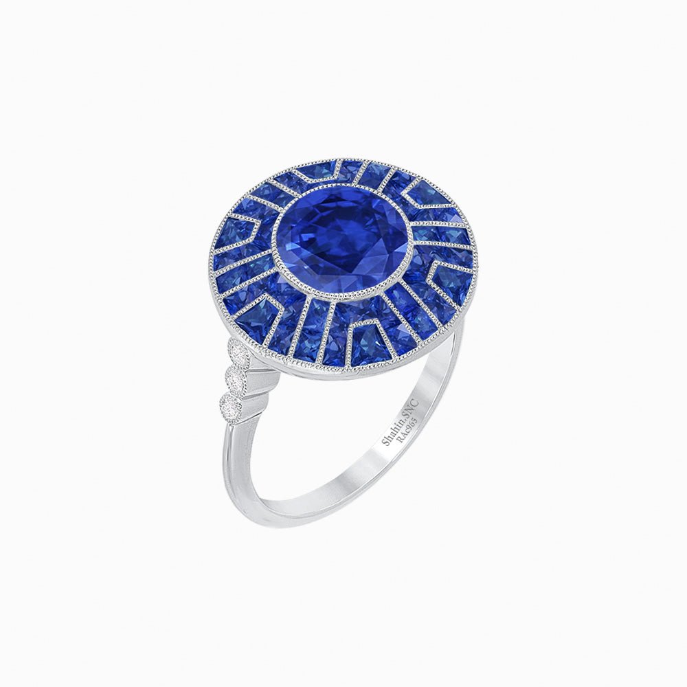 Art Deco-Inspired Geometric Halo Ring Mounting with French-Cut Accents Custom Center Stone | Bold Color Contrast | Hand-Finished Craftsmanship - Shahin Jewelry