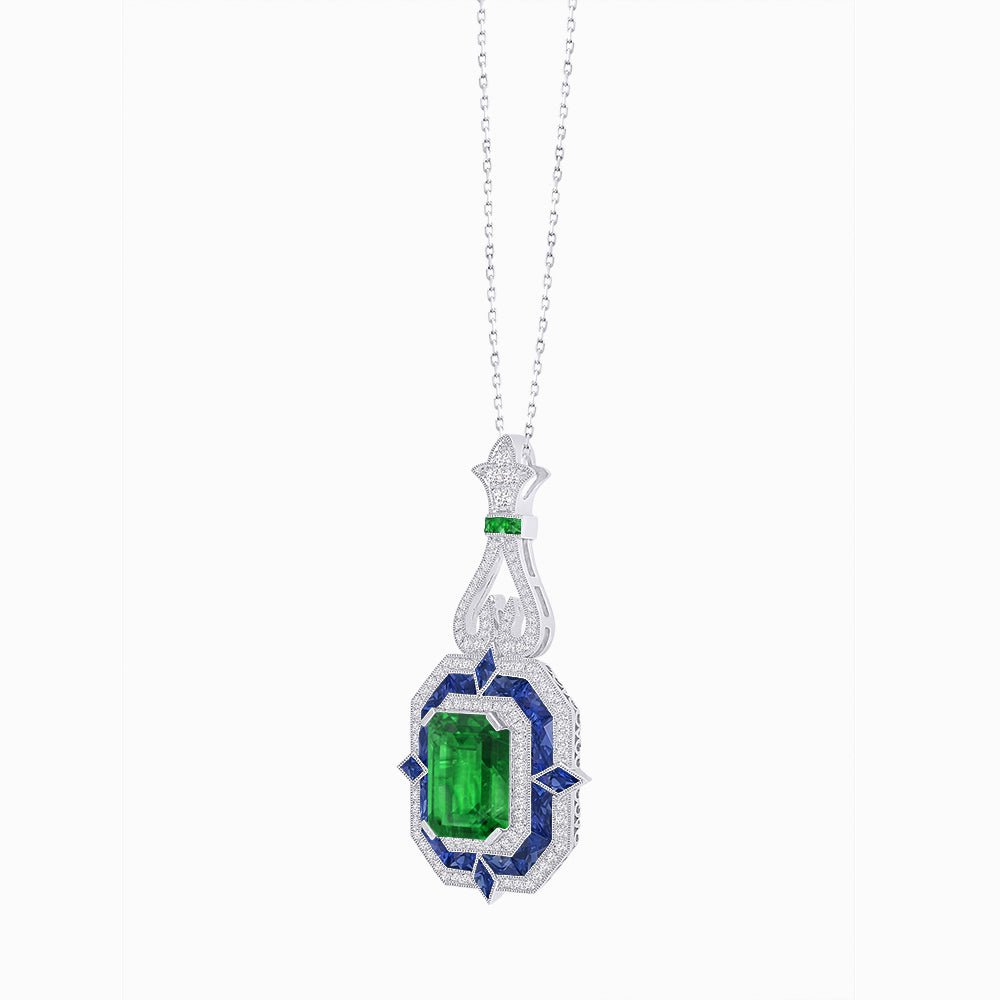 Art Deco Inspired Geometric Pendant with Diamond and Gemstone | Mounting | Without Chain - Shahin Jewelry