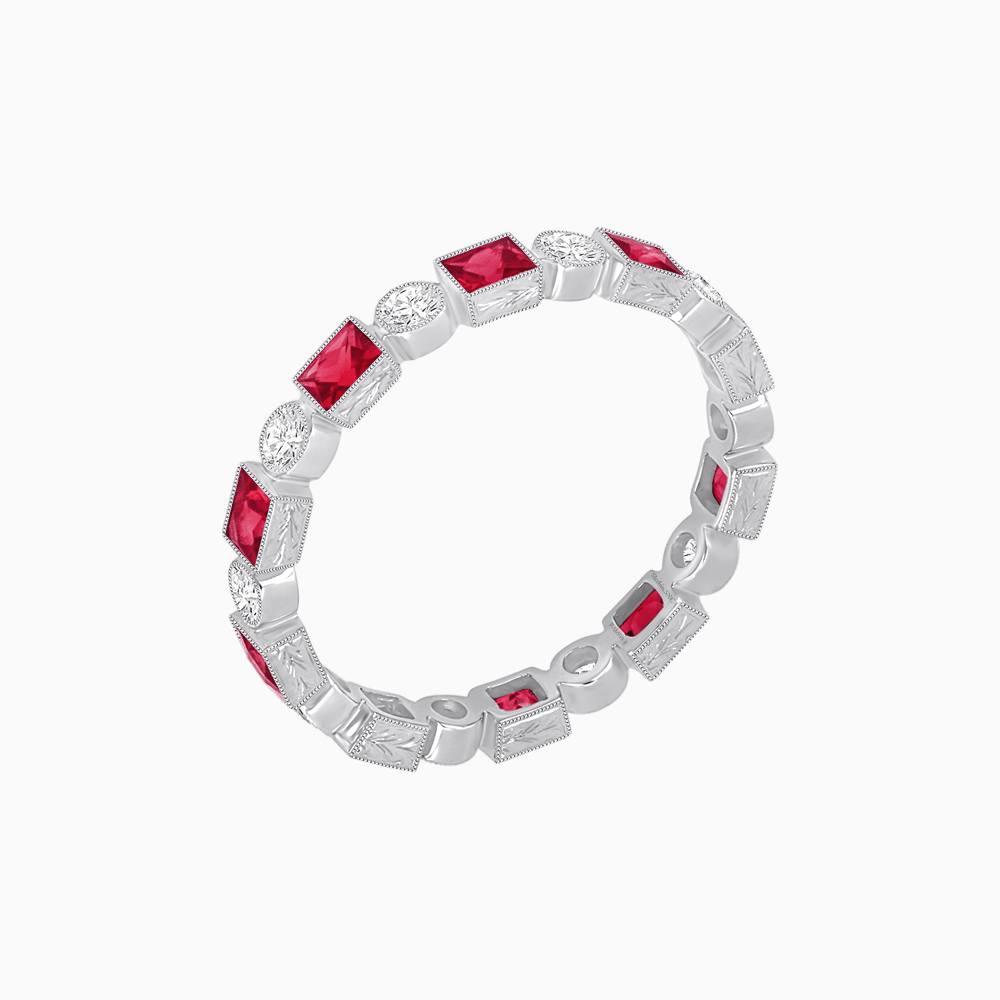 Art Deco Inspired Hand-Engraved Square Gemstone & Diamond Stackable Eternity Band - Shahin Jewelry