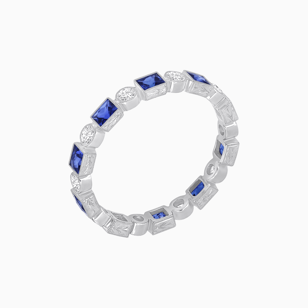 Art Deco Inspired Hand-Engraved Square Gemstone & Diamond Stackable Eternity Band - Shahin Jewelry