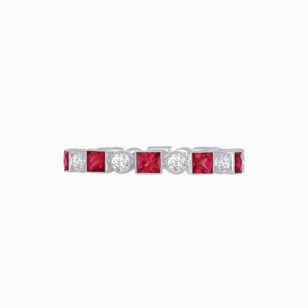 Art Deco Inspired Hand-Engraved Square Gemstone & Diamond Stackable Eternity Band - Shahin Jewelry