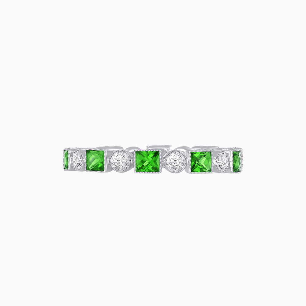 Art Deco Inspired Hand-Engraved Square Gemstone & Diamond Stackable Eternity Band - Shahin Jewelry