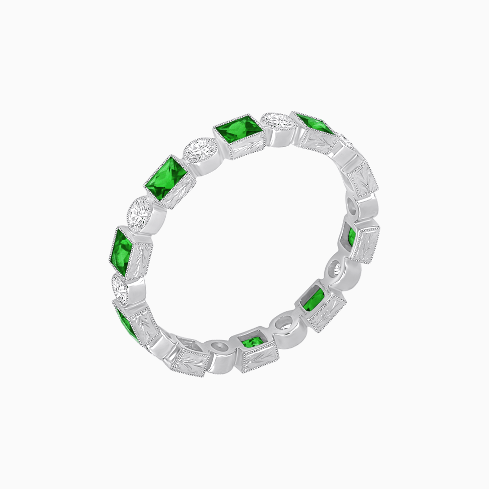 Art Deco Inspired Hand-Engraved Square Gemstone & Diamond Stackable Eternity Band - Shahin Jewelry
