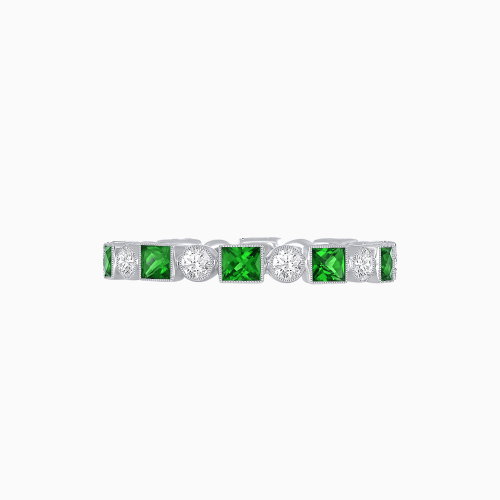 Art Deco Inspired Hand-Engraved Square Gemstone & Diamond Stackable Eternity Band - Shahin Jewelry