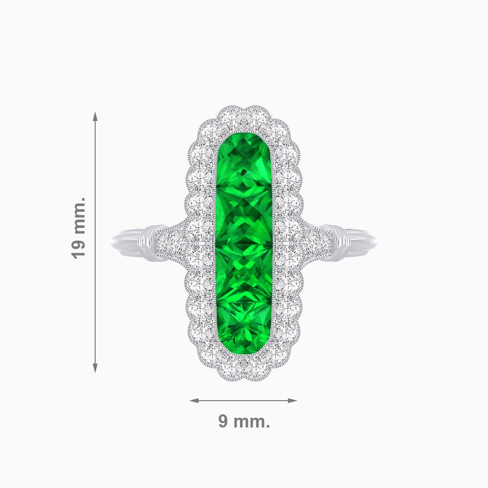 Art Deco Inspired Horisontal Fore Emerald Ring with Diamond - Shahin Jewelry