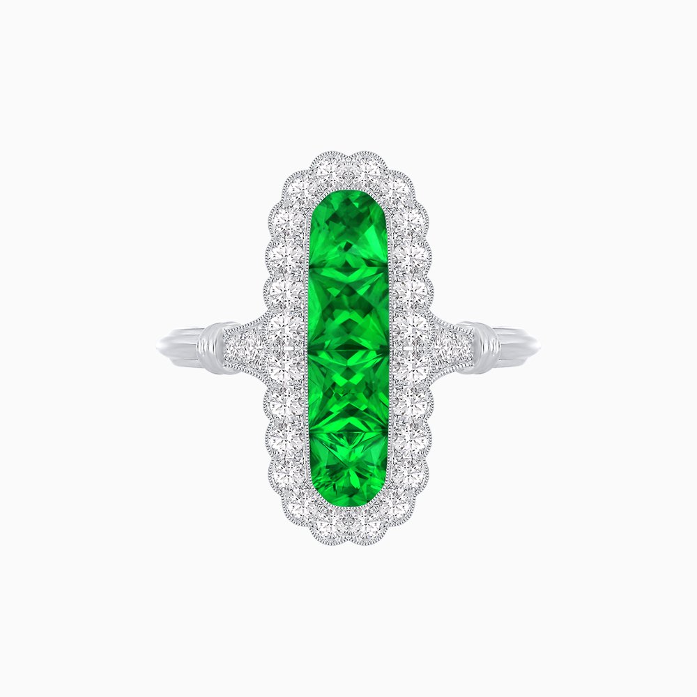 Art Deco Inspired Horisontal Fore Emerald Ring with Diamond - Shahin Jewelry