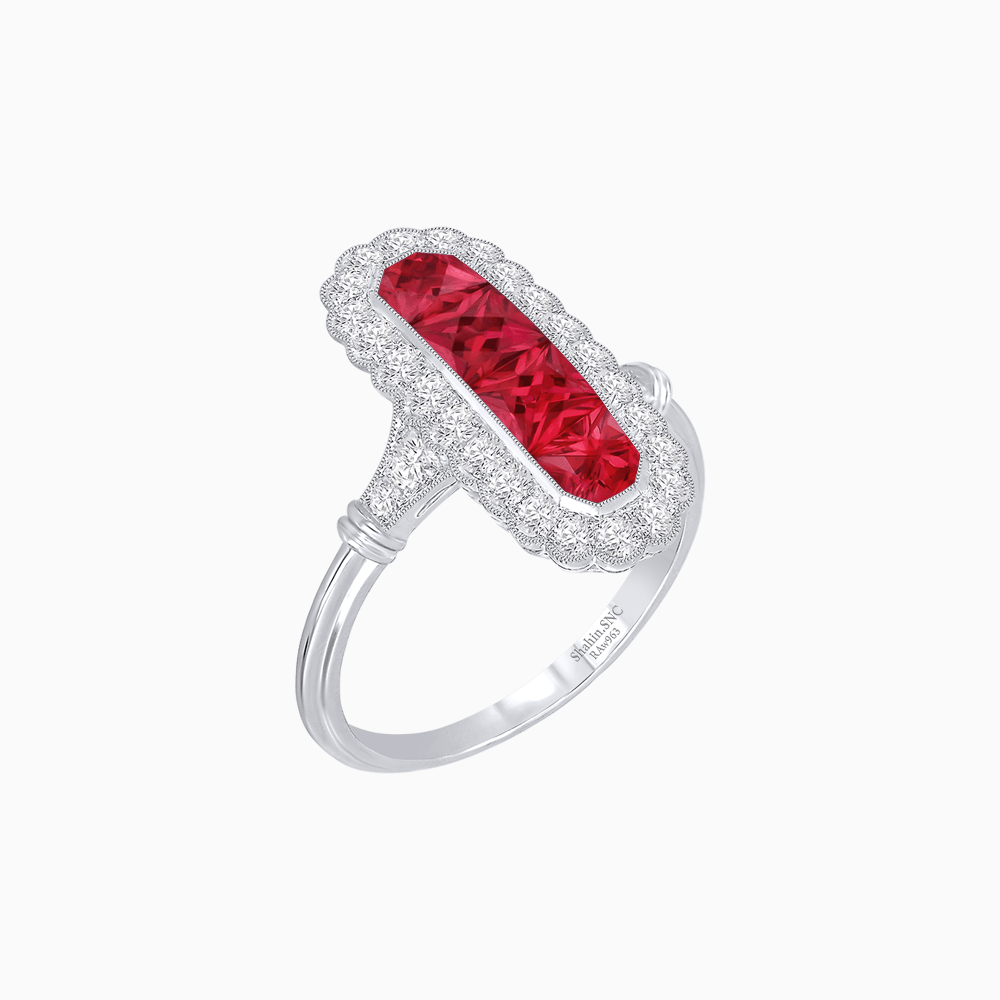 Art Deco Inspired Horisontal Fore Gems stone Ring with Diamond - Shahin Jewelry