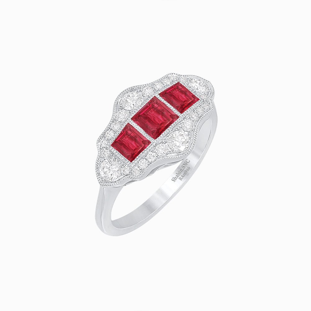 Art Deco Inspired Horisontal Three Stone Ring with Diamond - Shahin Jewelry