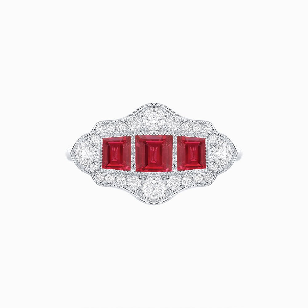 Art Deco Inspired Horisontal Three Stone Ring with Diamond - Shahin Jewelry