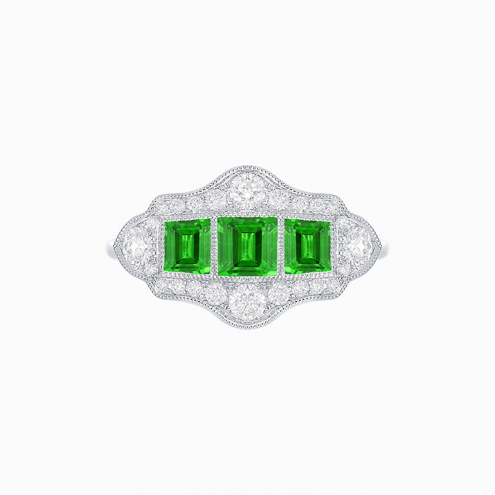 Art Deco Inspired Horisontal Three Stone Ring with Diamond - Shahin Jewelry