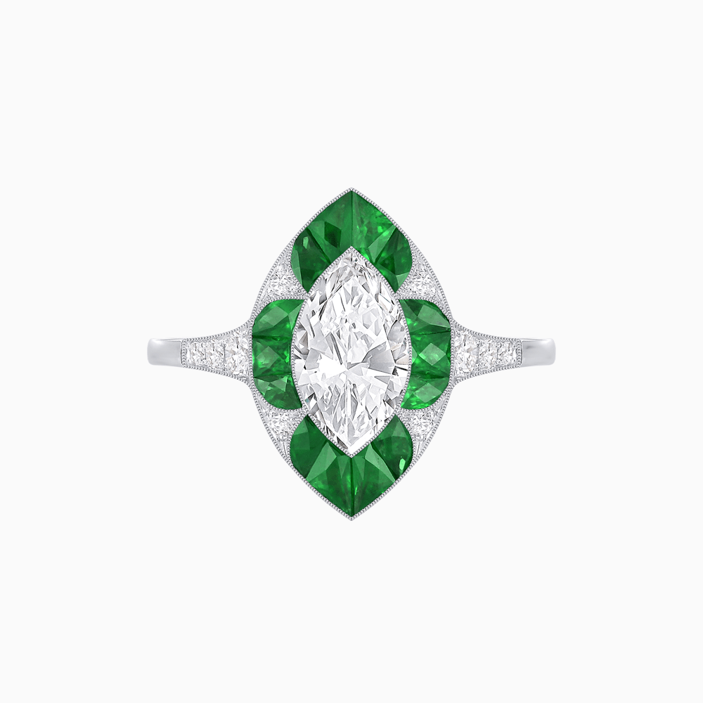 Art Deco Inspired Marquise Cut Calibré Gemstone Halo Ring - Shahin Jewelry
