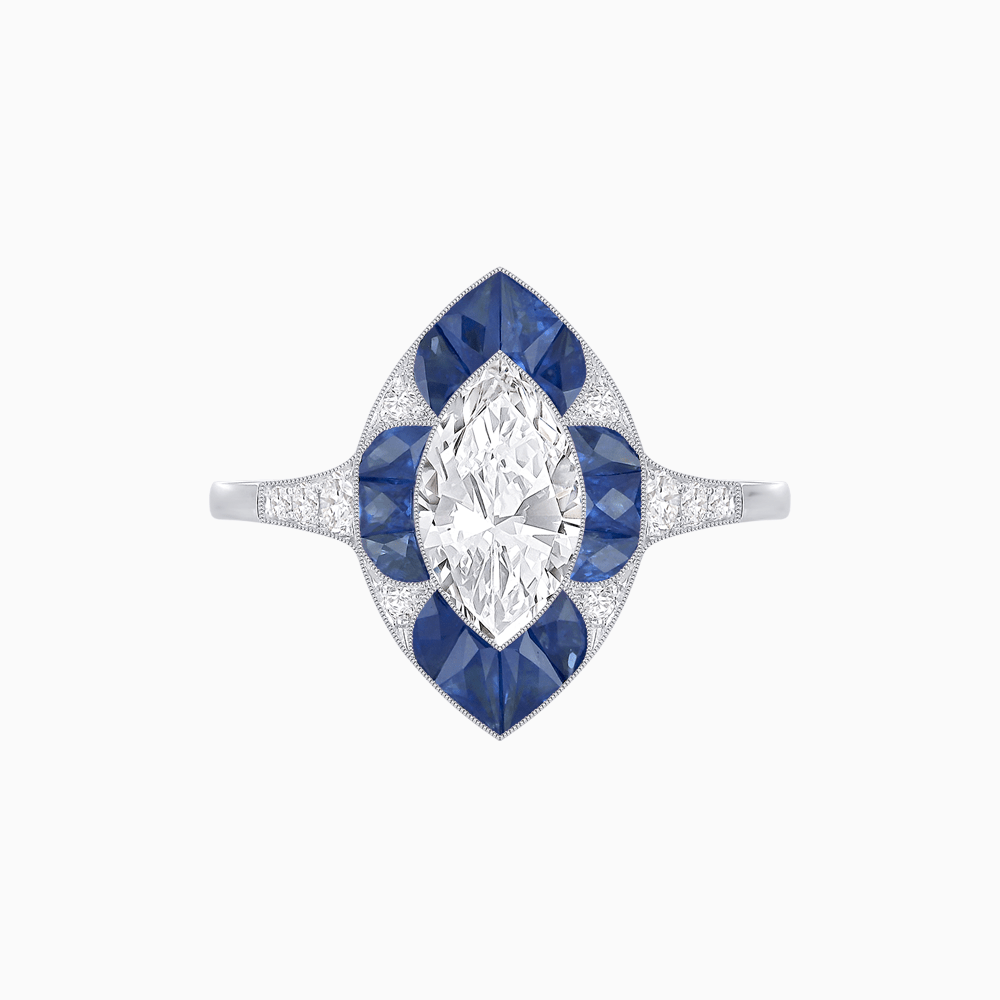 Art Deco Inspired Marquise Cut Calibré Gemstone Halo Ring - Shahin Jewelry
