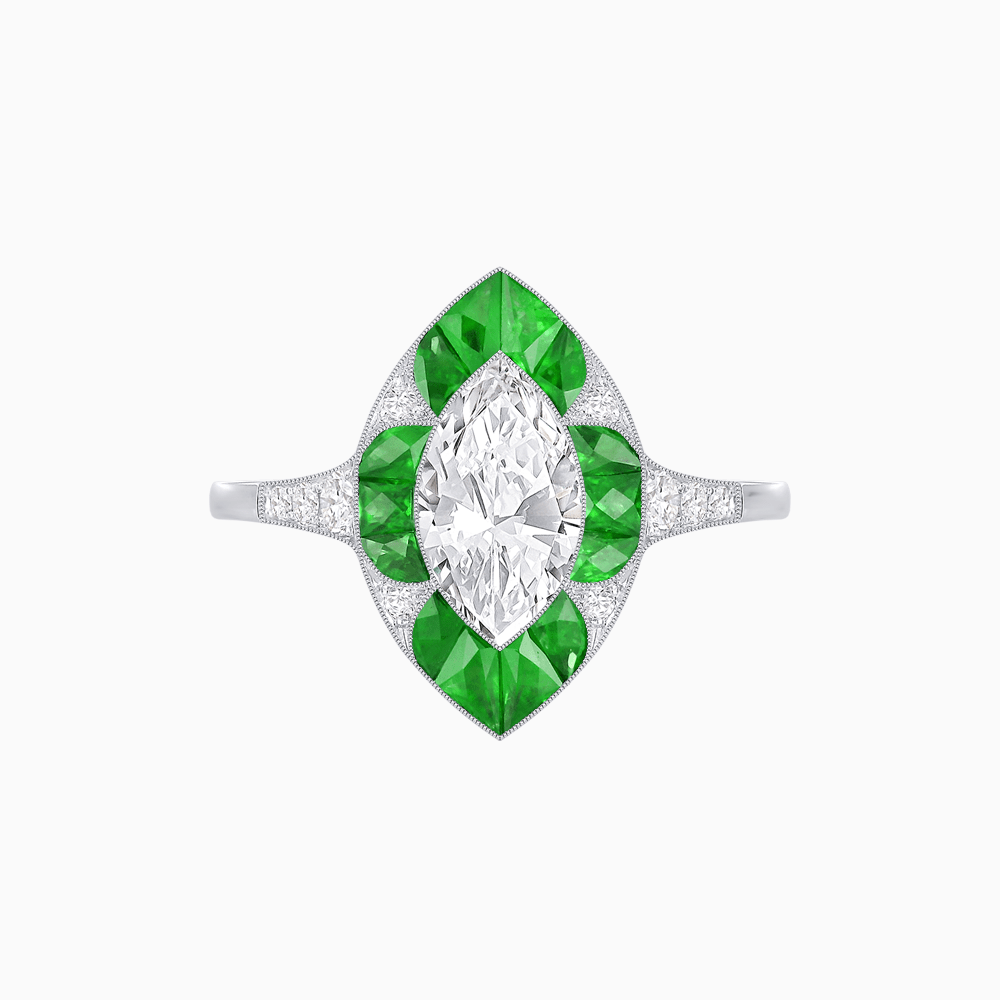 Art Deco Inspired Marquise Cut Calibré Gemstone Halo Ring - Shahin Jewelry